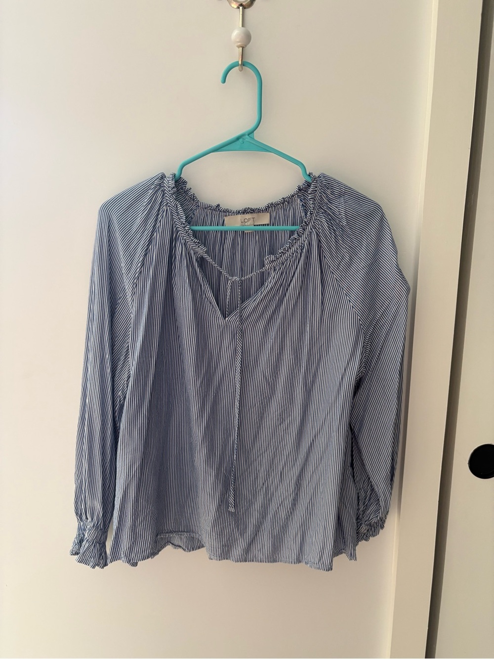 LOFT Blue and White Pinstripe Peasant Top